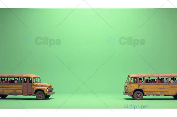 Vintage Yellow School Buses on Green Background