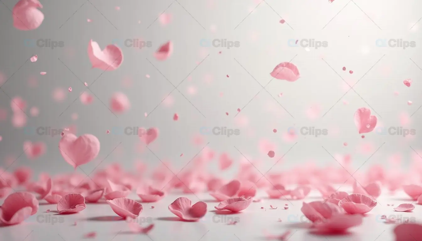 Falling Pink Petals and Hearts on Soft Grey Background
