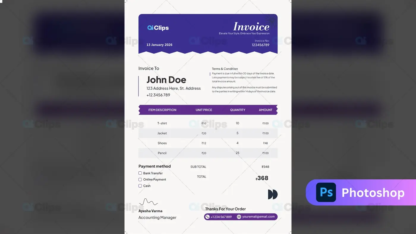 Professional Purple Invoice Template with Modern Wave Design