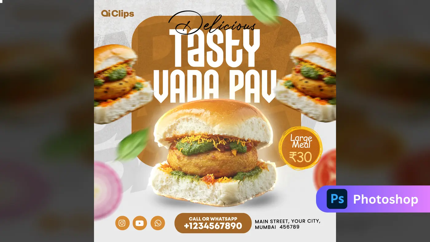 Vibrant Vada Pav Photoshop Template for Food Promotions