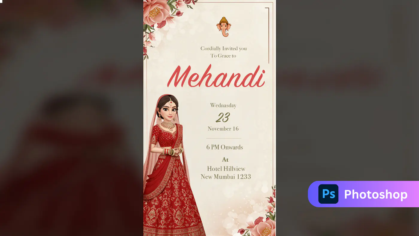 3D Indian Mehandi Invitation Template Featuring Bride in Red Saree