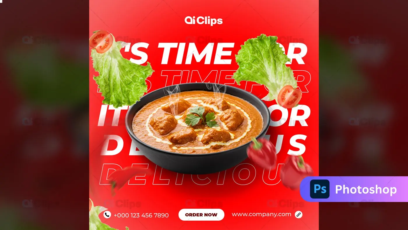 Butter Chicken Social Media Food Template with Red Background
