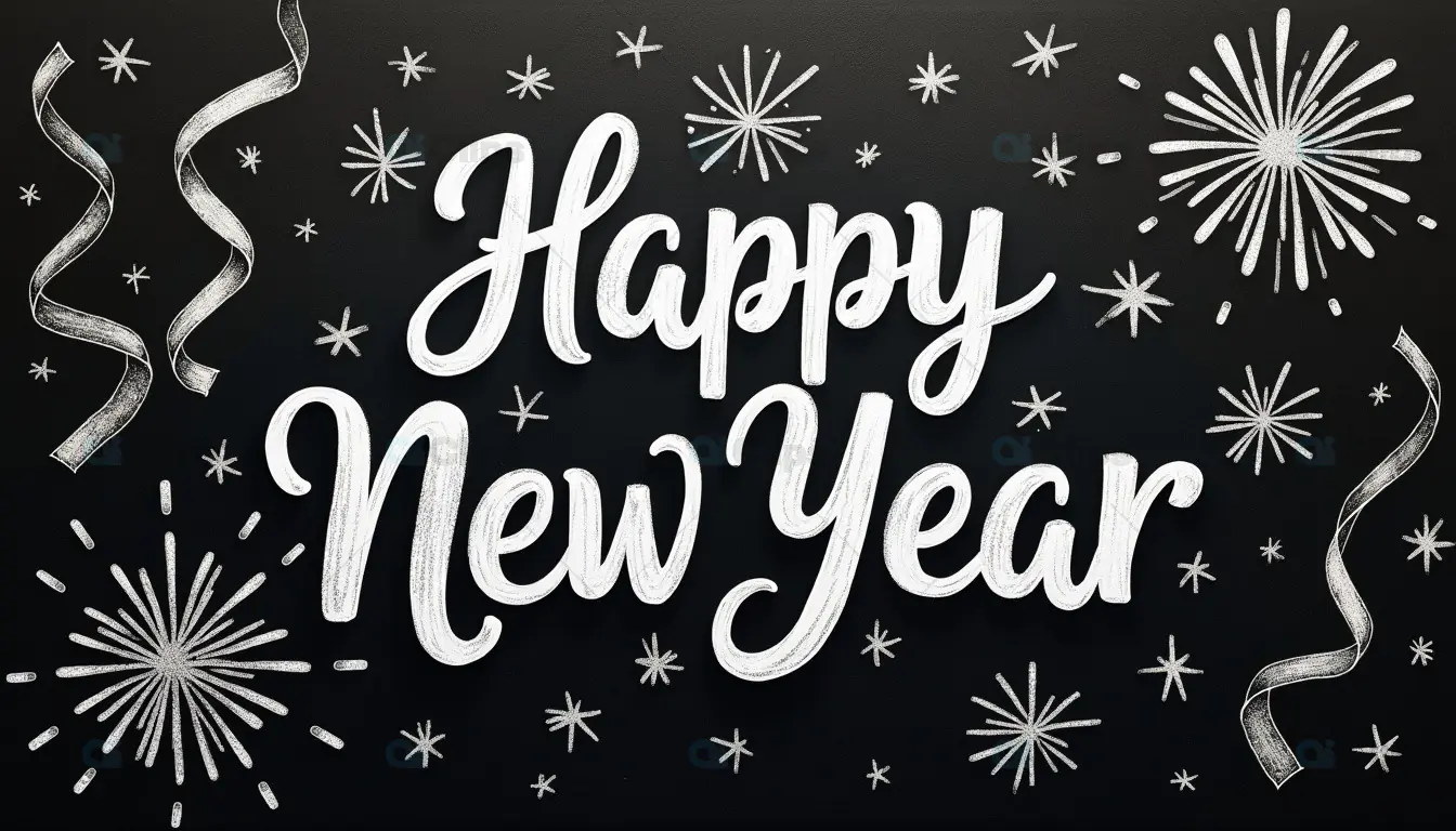Chalkboard Style Happy New Year Greeting with Fireworks