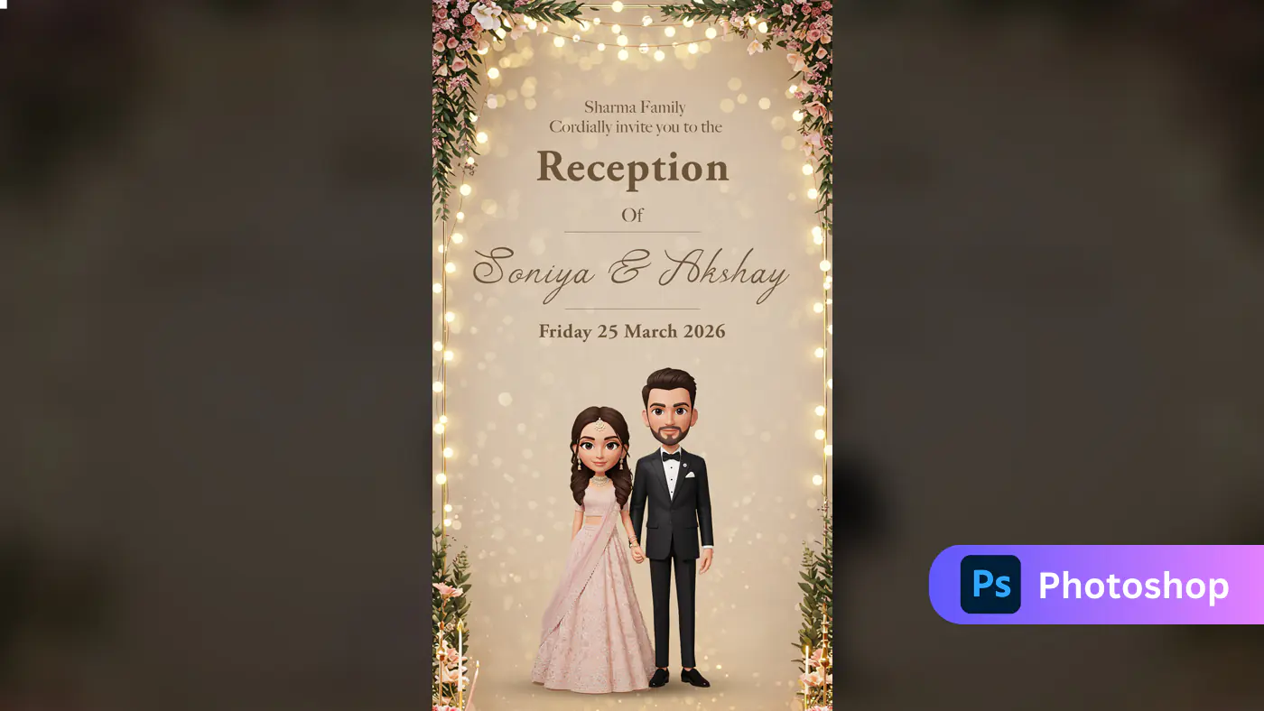 3D Cartoon Indian Couple Wedding Reception Invitation Portrait Template
