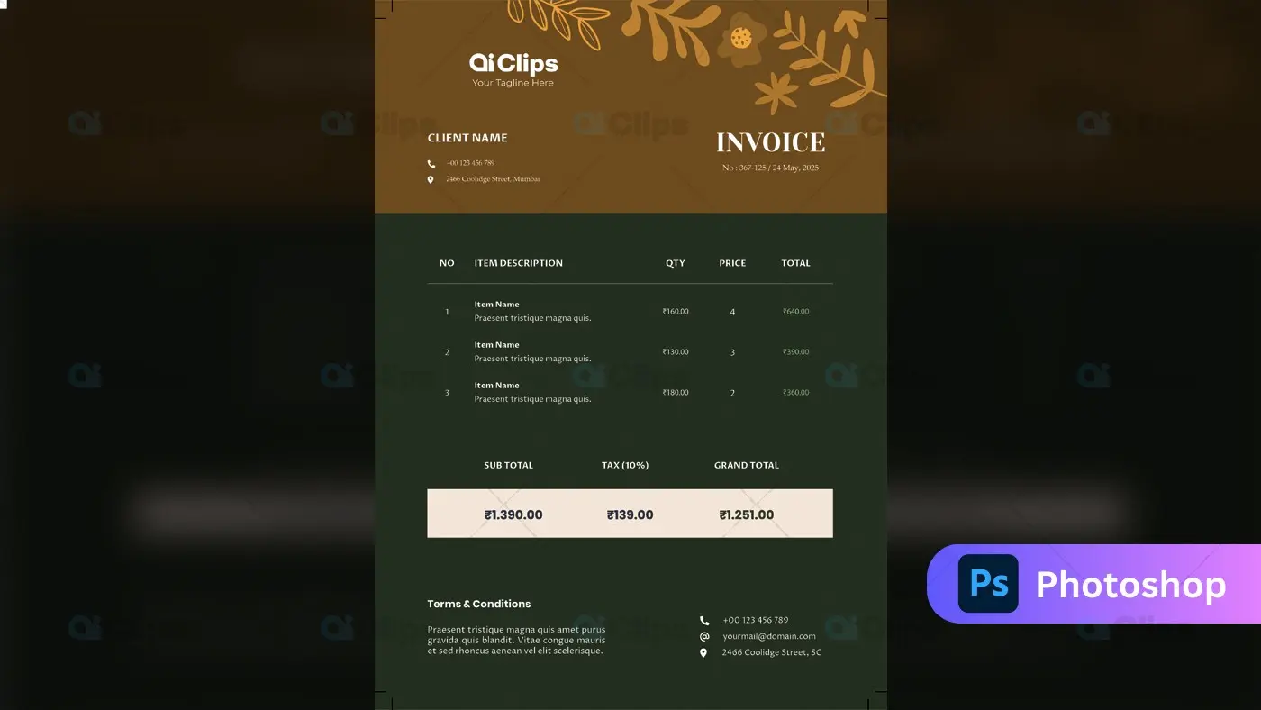 Elegant Dark Green and Gold Floral Invoice Template