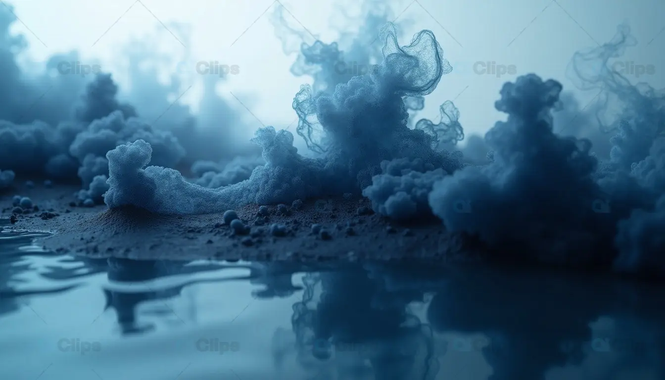 Abstract Blue Smoke Clouds Over Water Reflection