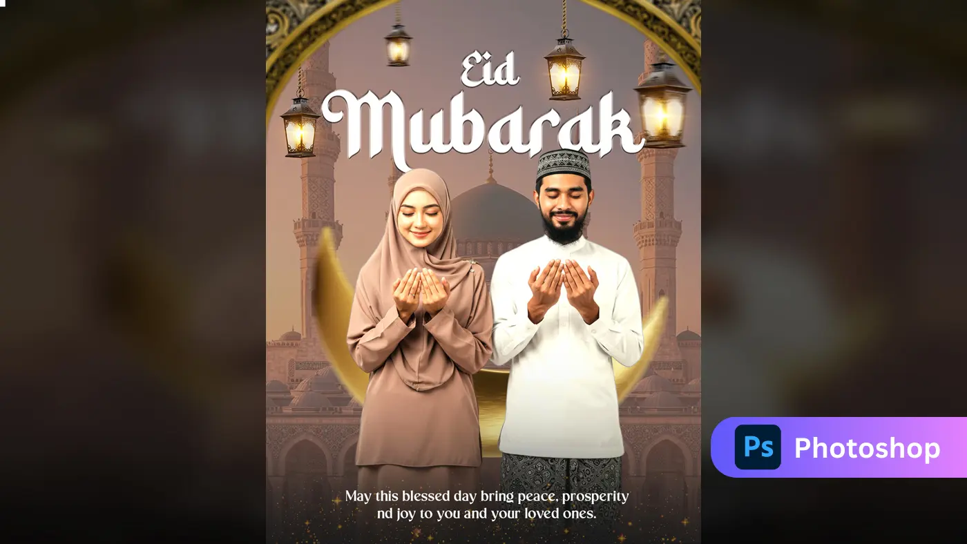 Muslim Couple in Prayer Eid Mubarak Template