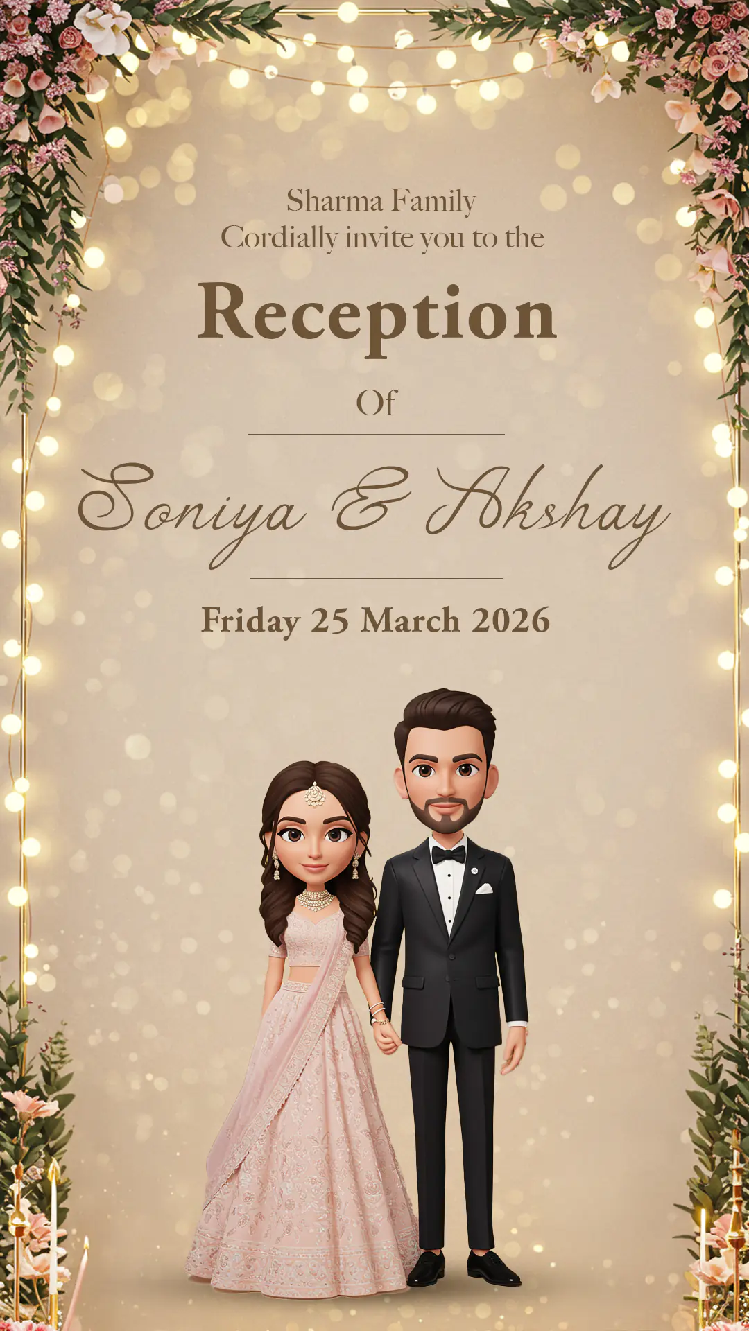 3D Cartoon Indian Couple Wedding Reception Invitation Portrait Template