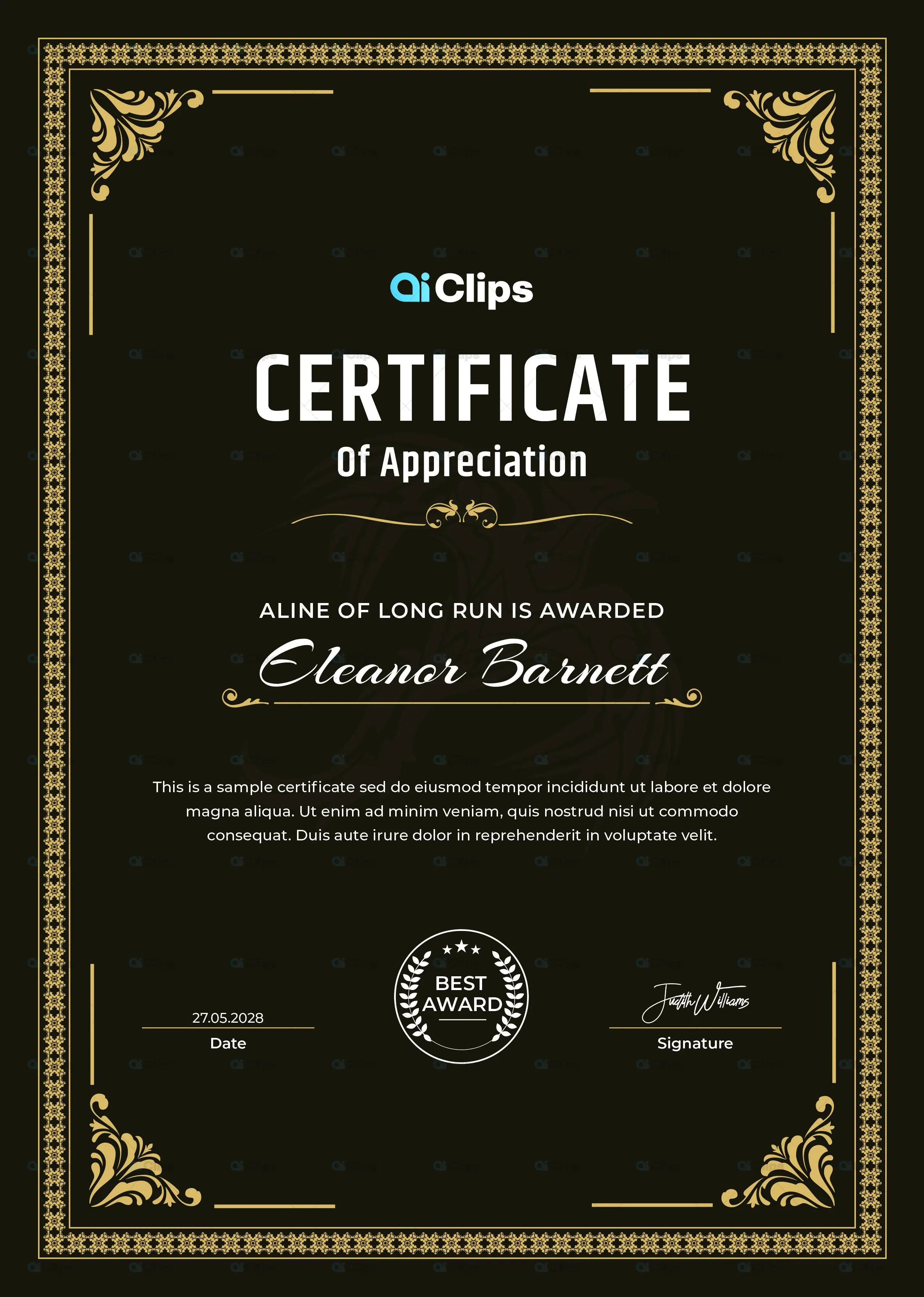 Elegant Dark Certificate Template with Gold Corner Flourishes