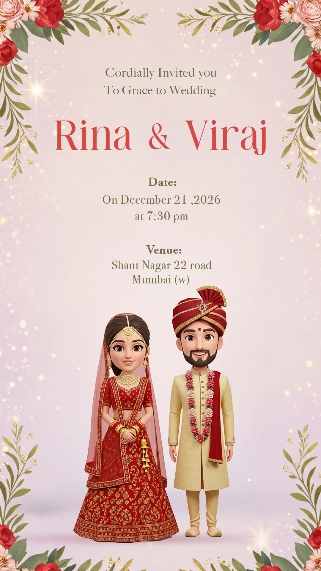 3D Indian Wedding Invitation Template with Traditional Cartoon Couple