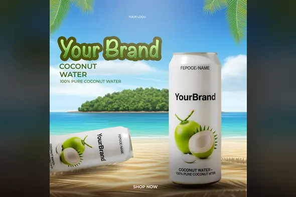Tropical Coconut Water Can Mockup Template