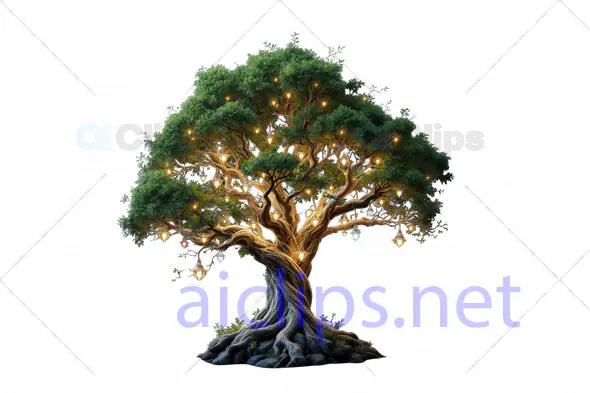 Enchanted Tree with Illuminated Crystals and Lanterns - 3D Fantasy Model