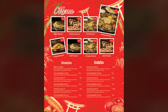 Asian Restaurant Red Menu Template with Food Gallery