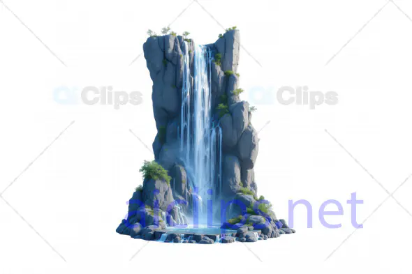 Tall 3D Waterfall with Natural Rocks and Lush Greenery