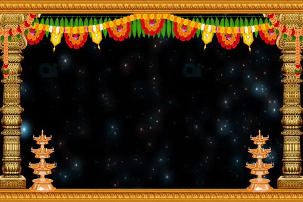 Traditional Indian Temple Frame with Floral Garlands and Diyas on Starry Night Background