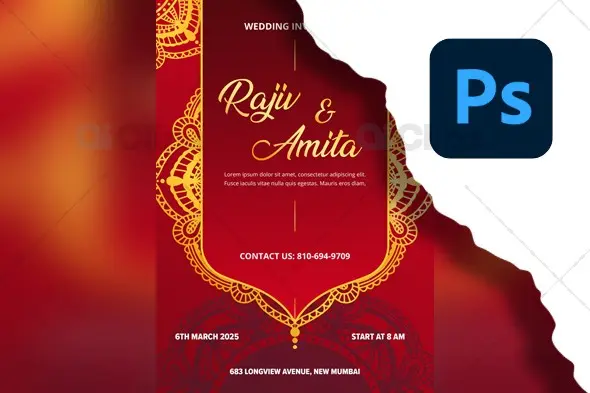 Traditional Red & Gold Wedding Invitation PSD Template