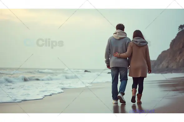 Romantic Couple Walking on a Beach – Serene Coastal Stroll