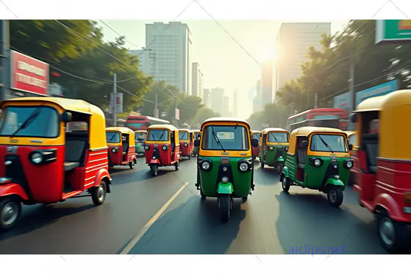 Busy Indian Street with Colorful Auto Rickshaws in Motion