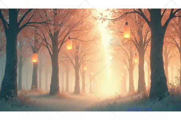 Dreamy Forest Pathway with Lanterns at Sunrise