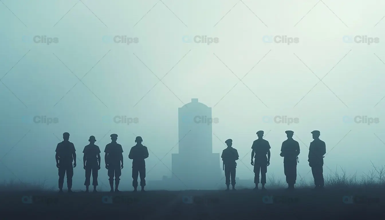 Soldier Silhouettes in Foggy Landscape with Monument