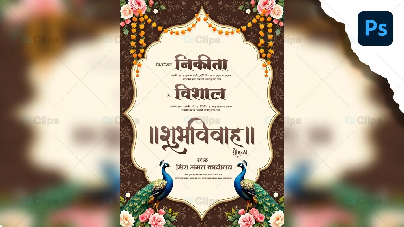 Elegant Peacock Wedding Invitation PSD Template
