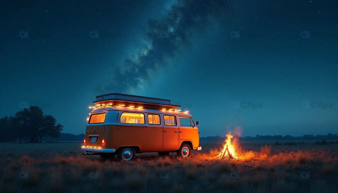 Vintage Camper Van Under Starry Sky with Campfire