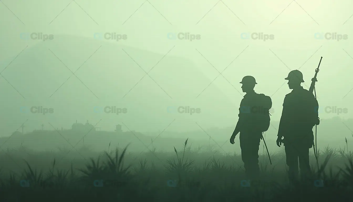 Silhouette of Soldiers in Foggy Field