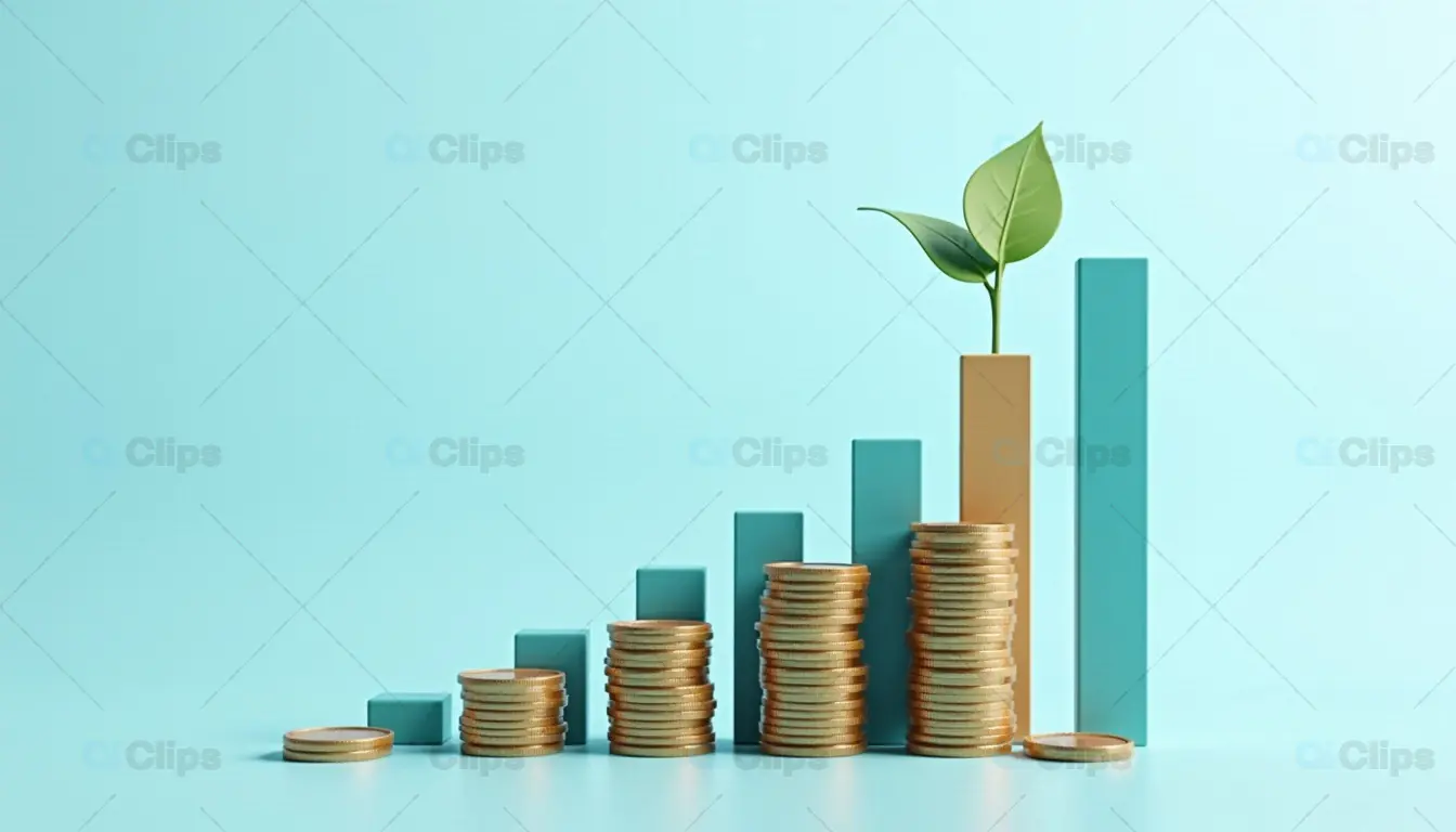 Stacked Coins and Growth Chart with Leaf Symbolizing Financial Growth