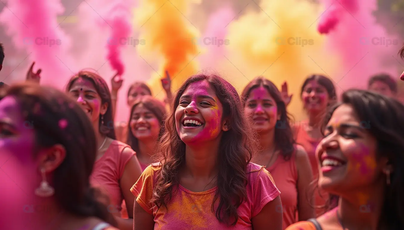 Vibrant Holi Celebration with Smiling Women Covered in Colors
