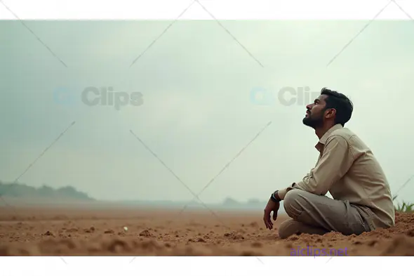 Thoughtful Man Sitting in the Desert Landscape