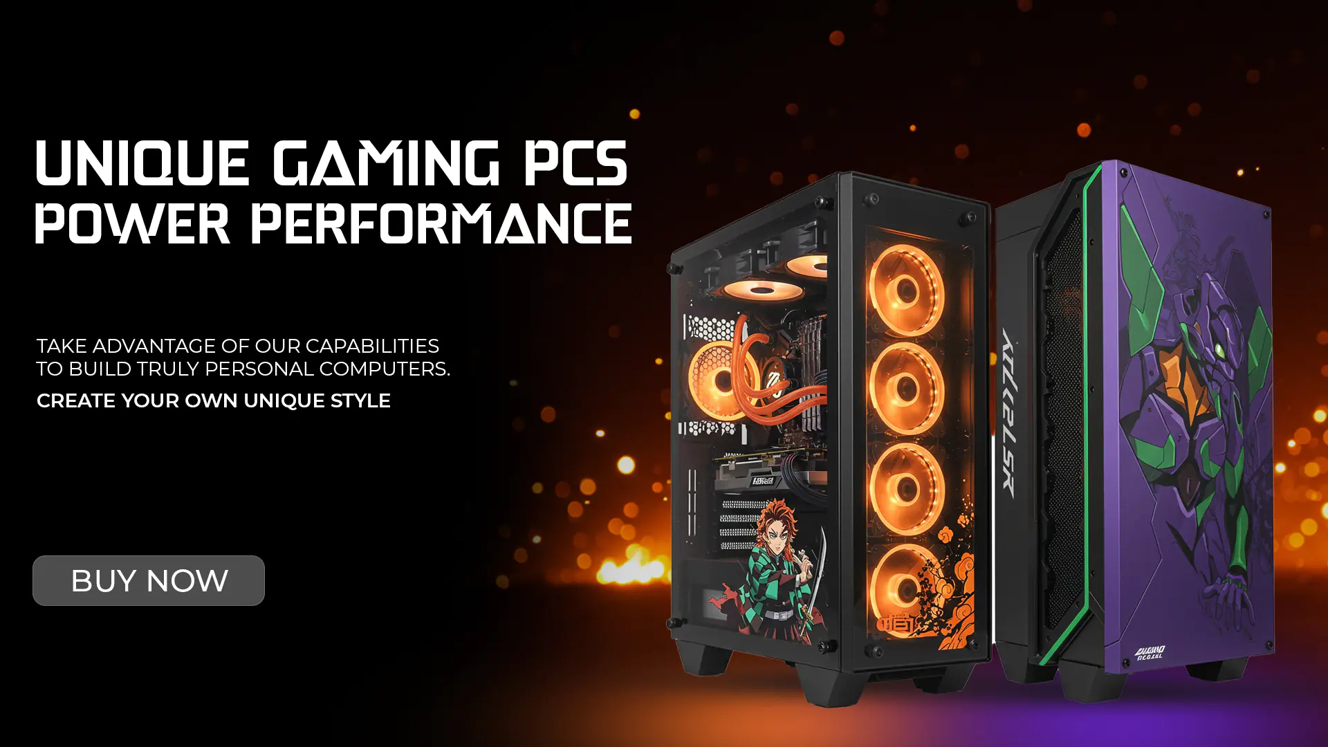 Anime-Themed Gaming PC Ad Banner with Custom Orange LED Builds