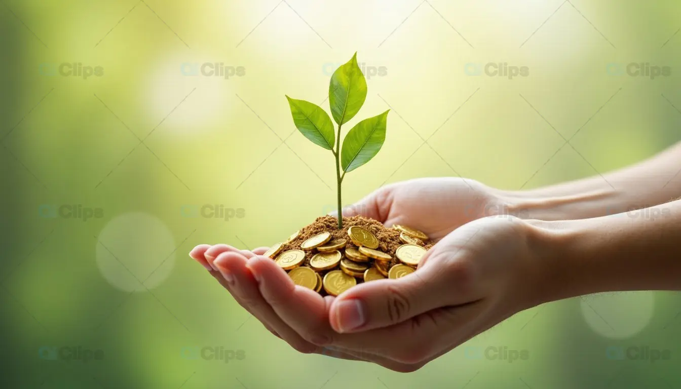 Growing Wealth Concept – Plant Sprouting from Coins in Hands