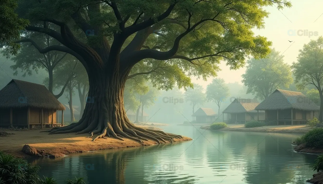 Serene Village by the River with Ancient Tree