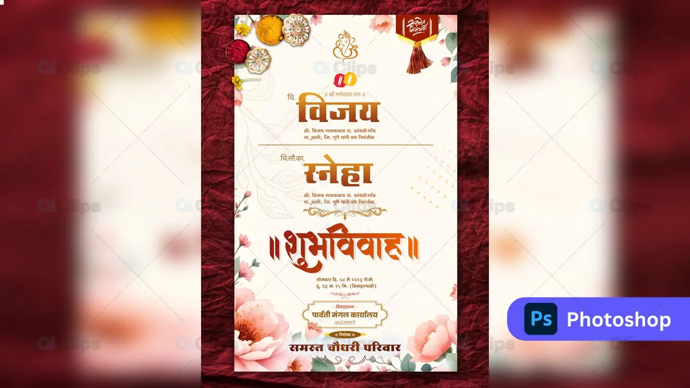 Elegant Floral Indian Wedding Invitation PSD Template