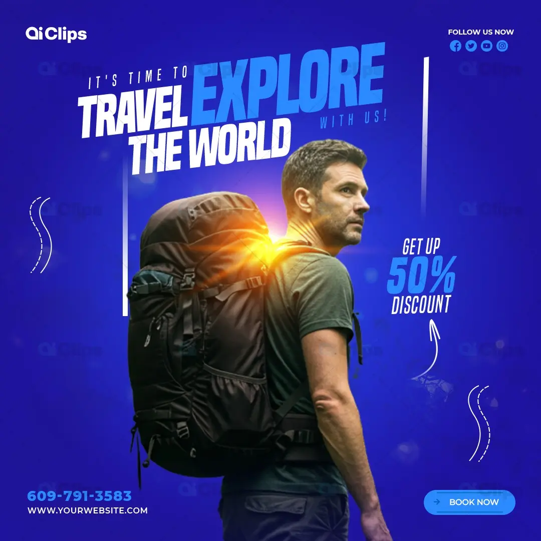 Travel Adventure Social Media Template with Backpacker