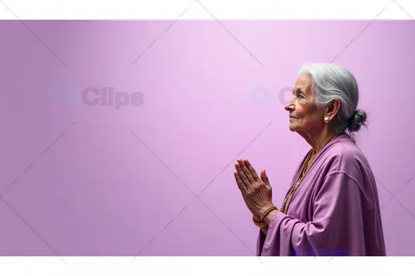 Peaceful Elderly Woman in Prayer Against Lavender Background