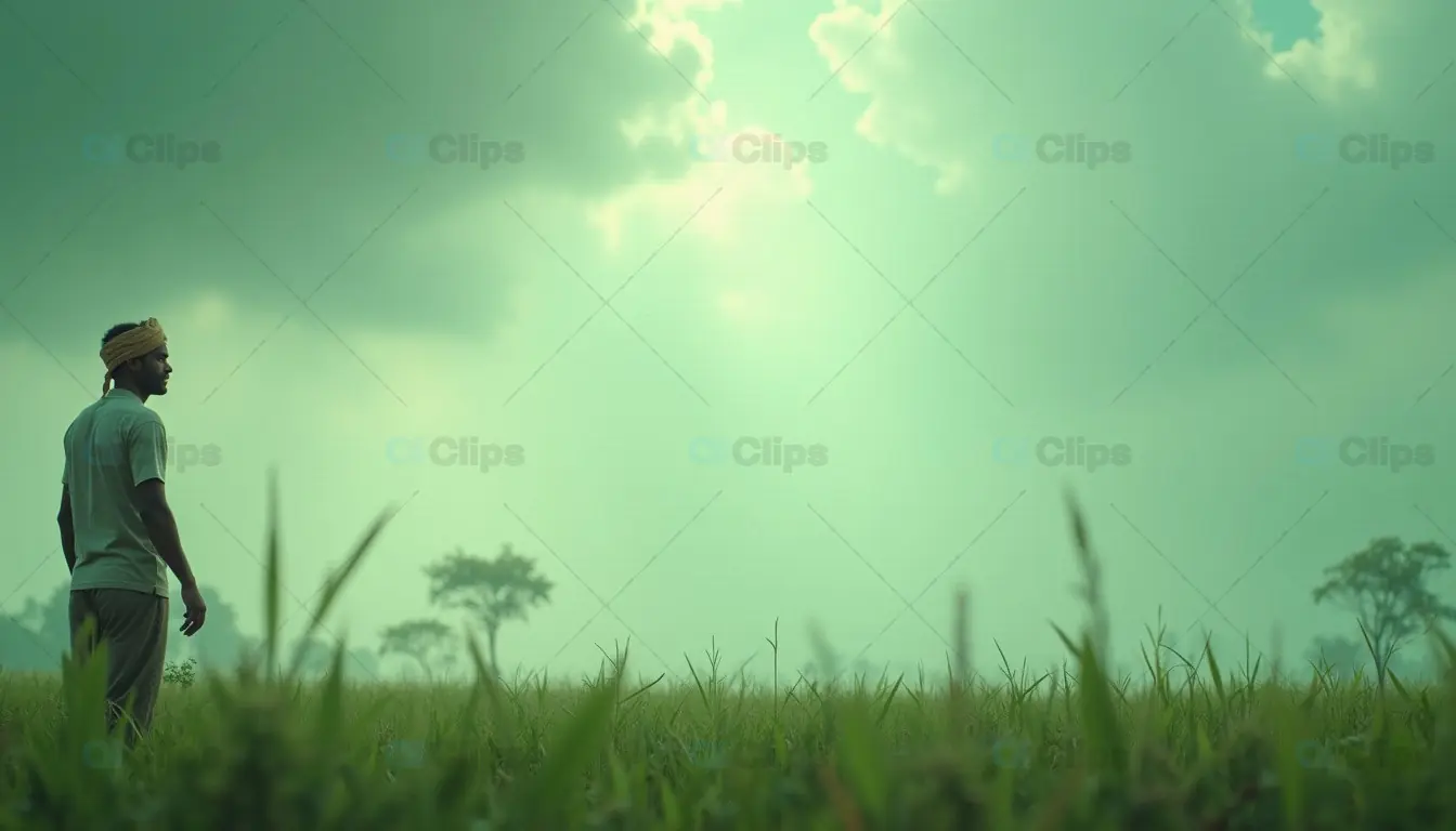Indian Farmer in Green Pasture with Vibrant Sky