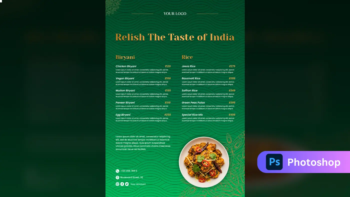 Elegant Indian Restaurant Biryani Menu Template
