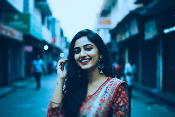 Vintage Film Effect  Indian Woman in Saree on Street