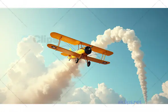 Vintage Yellow Biplane in Flight with Smoke Trail
