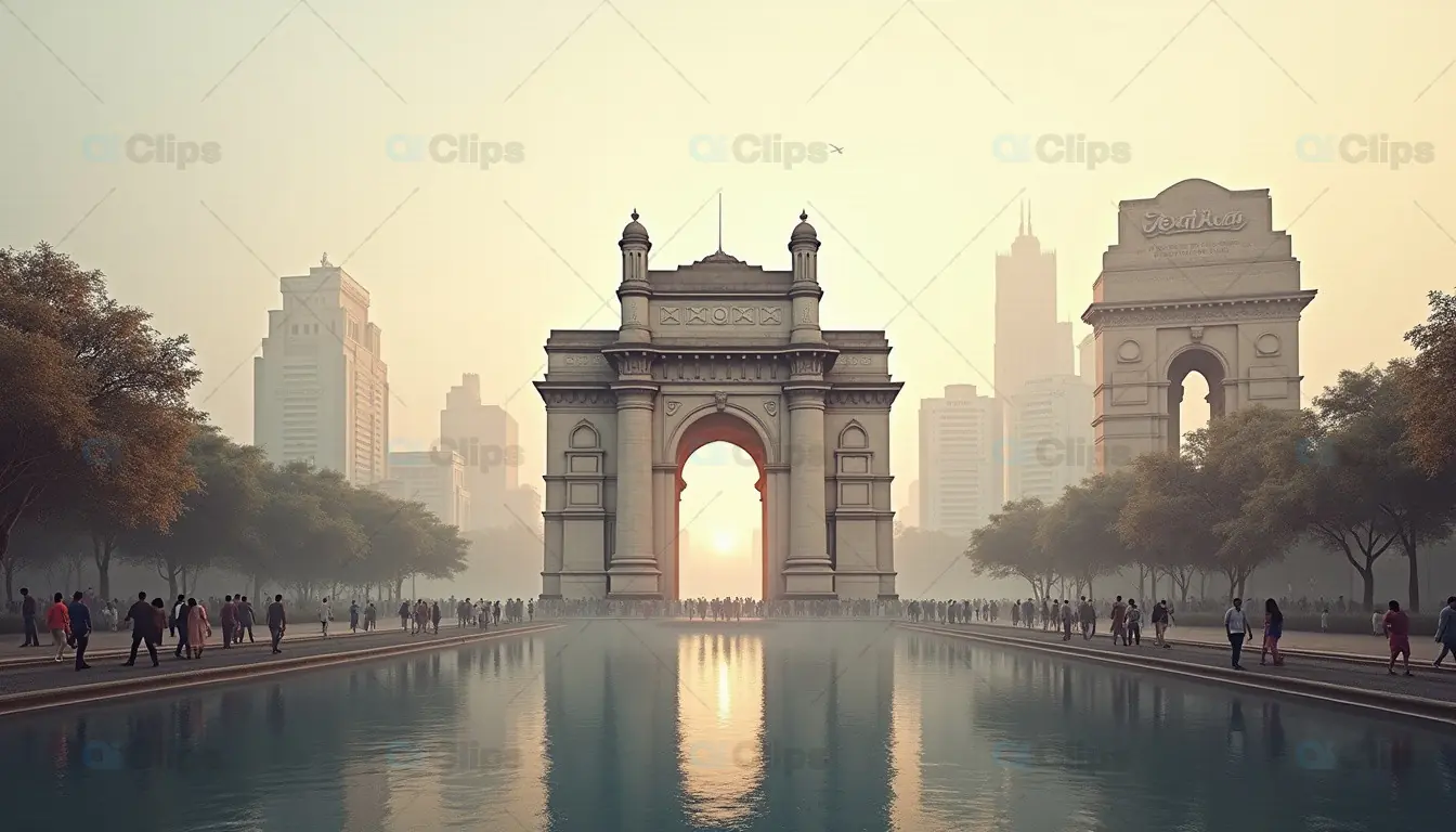 Modernized India Gate with Urban Skyline – Indian Cultural Landmark