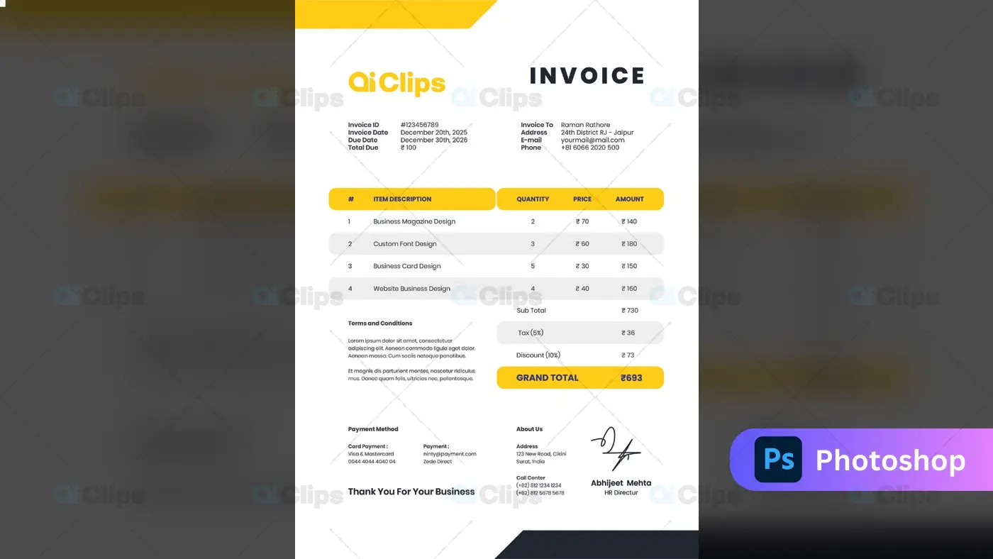 Modern Yellow Corporate Invoice Template Design