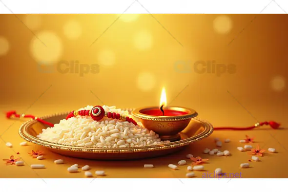 Rakhi Celebration with Diya and Rice on Golden Background