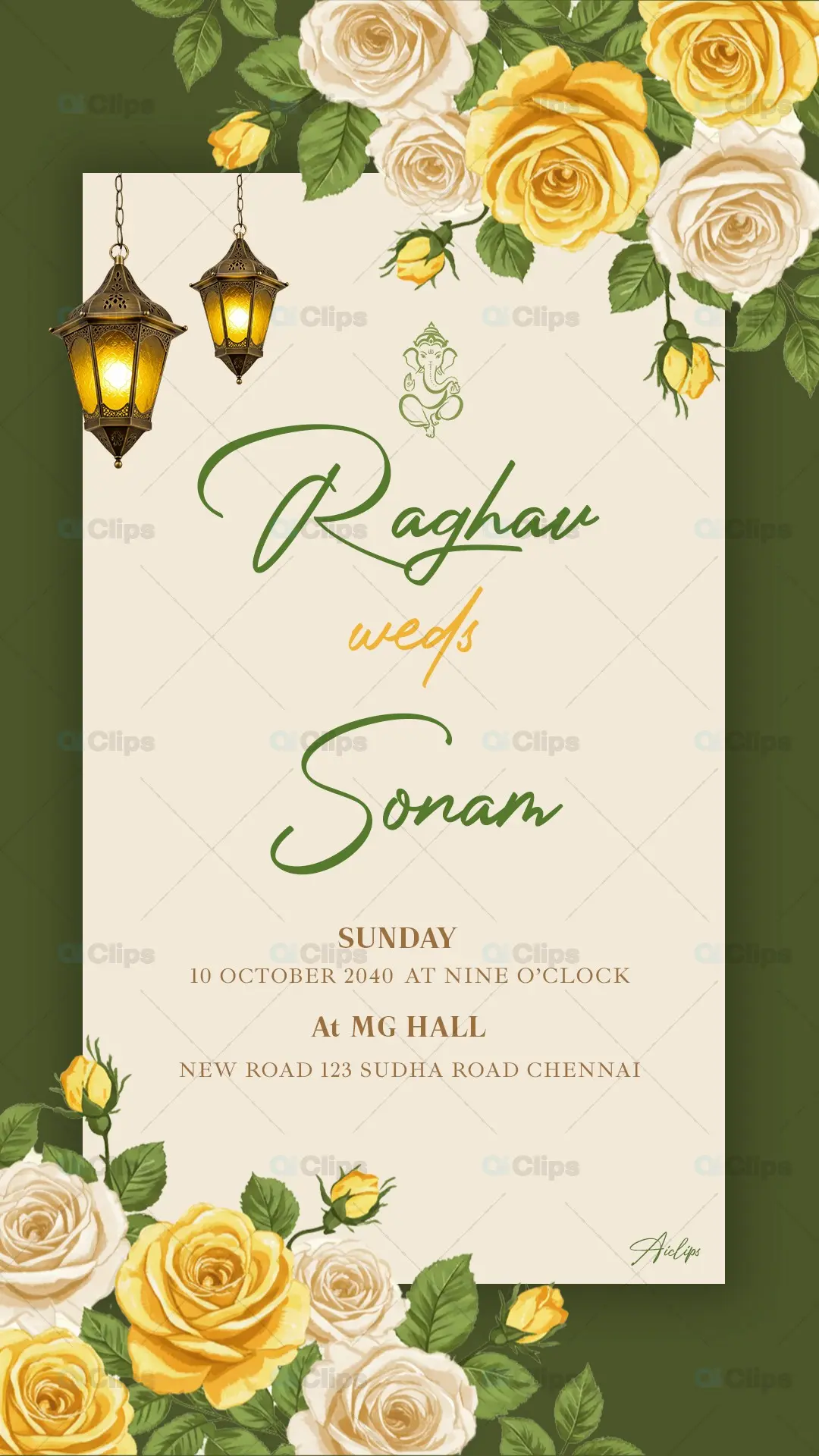 Elegant Hindu Wedding Invitation with Roses and Lanterns