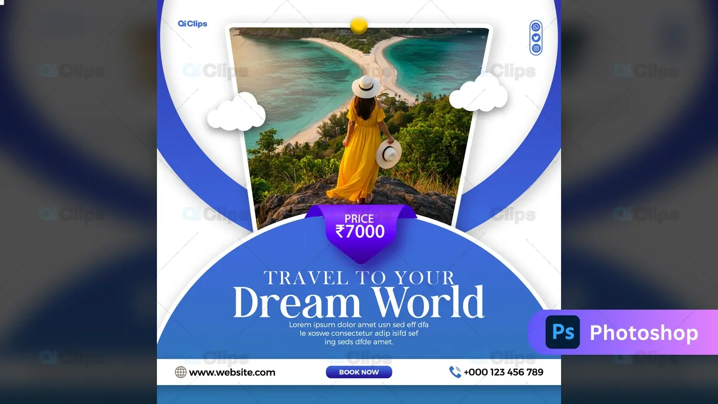 Coastal Paradise Travel Social Media Template with Beach Vista