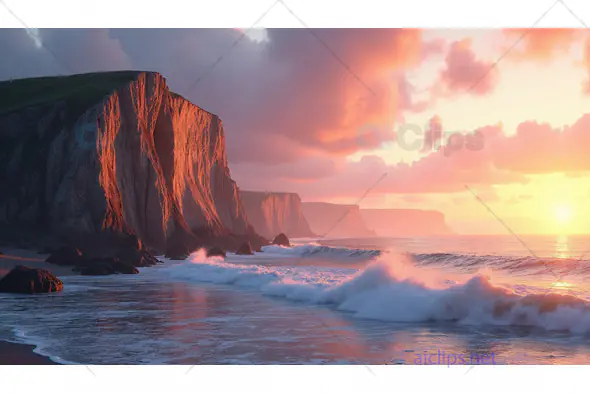 Sunset on Rocky Cliffs Overlooking Ocean Waves