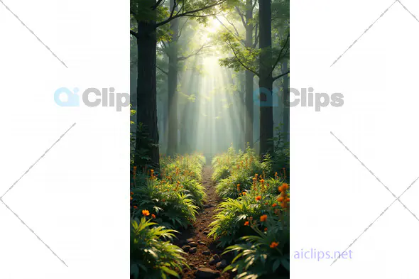 Forest Path with Sunbeams and Wildflowers