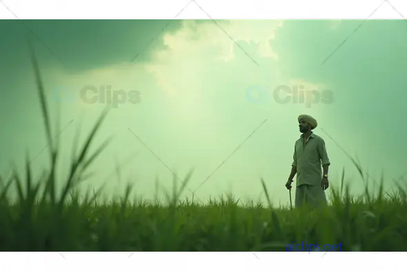 Indian Farmer in the Field with Green Sky Backdrop