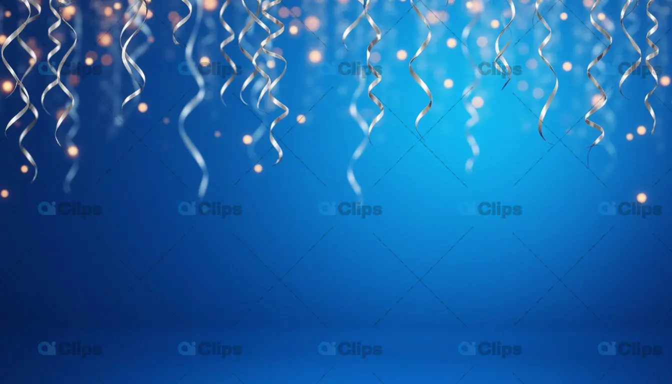 Silver Party Streamers and Lights on a Blue Background
