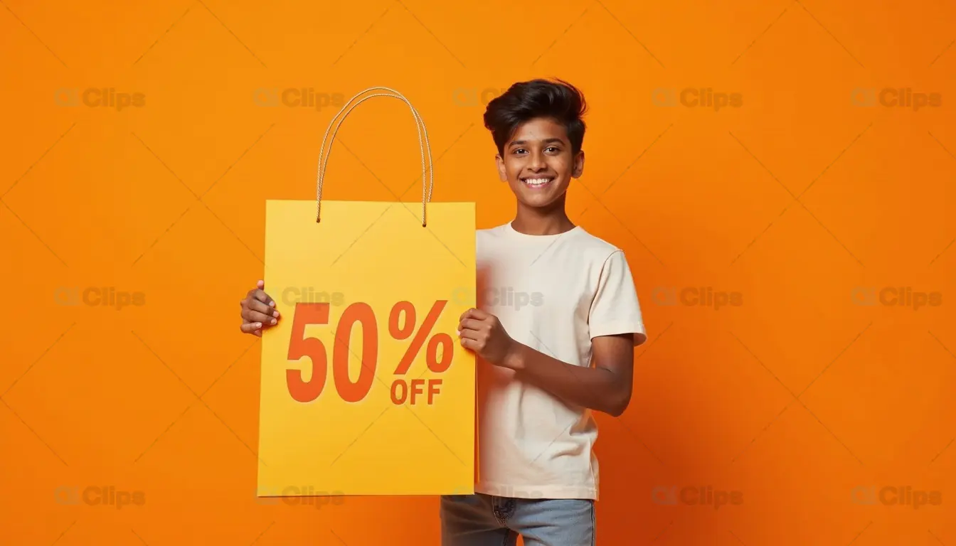 Cheerful Boy Holding 50% Off Sale Sign on Orange Background
